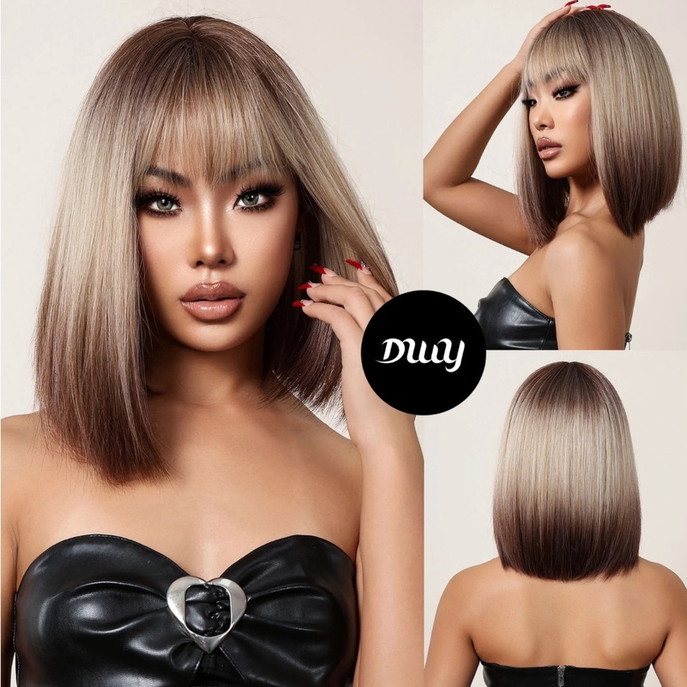 16 Inches Short Obmre Gray Brown Straight Wig Natural Fanshion DWY